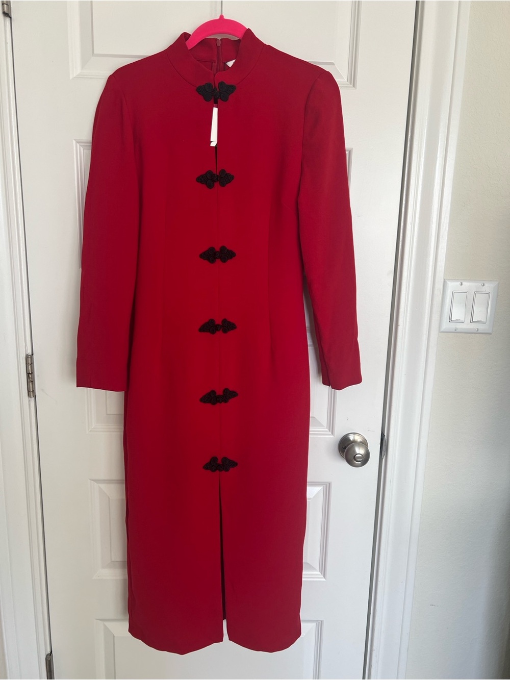 Zara Red Long Mandarin Coat with Black Frog Closures